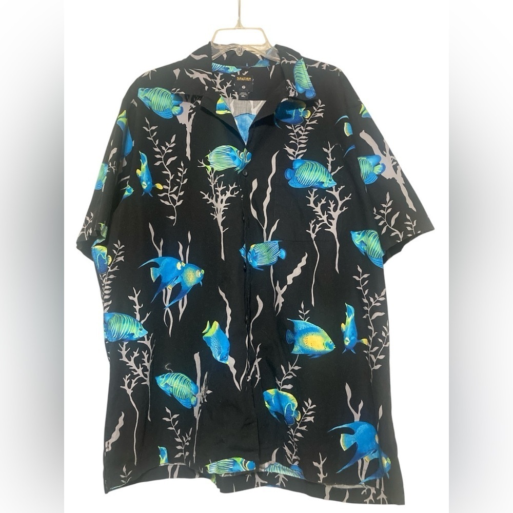 Nautica Black Shirt with Blue and Green Fish Print
